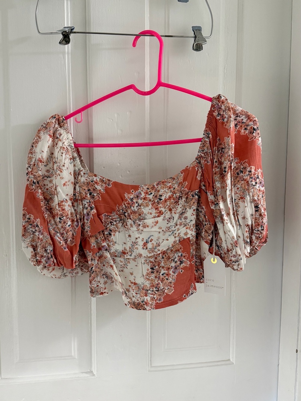 Floral Puff-Sleeve Crop Top - Rust/White